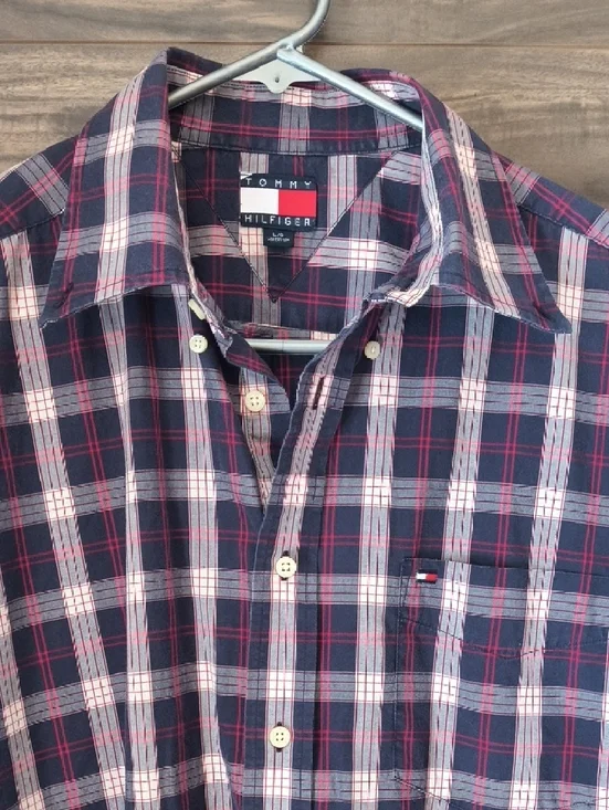 Vintage 90s / Y2K Tommy Hilfiger Plaid Short Sleeve Button Down Shirt - Large - Picture 7 of 10